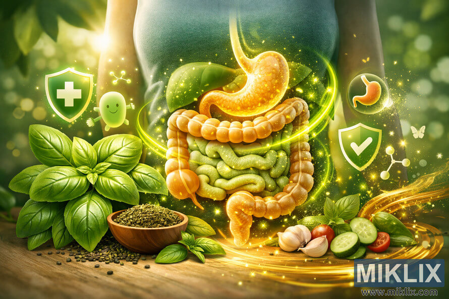 Digital illustration showing basil leaves and a glowing digestive system symbolizing gut health benefits. Digital illustration showing basil leaves and a glowing digestive system symbolizing gut health benefits.