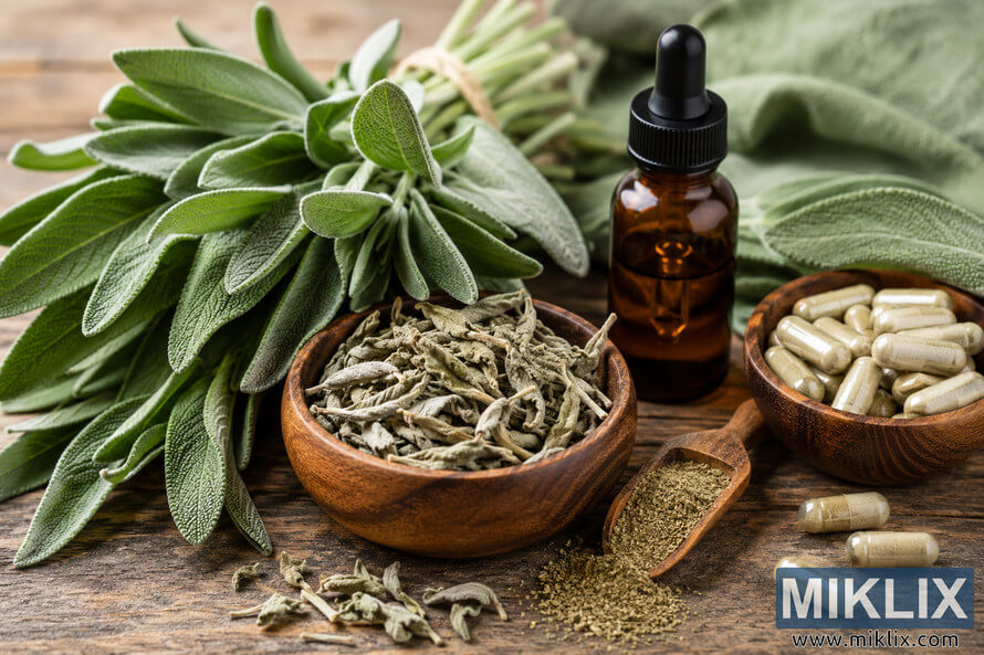 Fresh sage leaves, dried sage in wooden bowls, sage powder, herbal supplement capsules, and an amber glass oil bottle arranged on a rustic wooden table in warm natural light. Fresh sage leaves, dried sage in wooden bowls, sage powder, herbal supplement capsules, and an amber glass oil bottle arranged on a rustic wooden table in warm natural light.