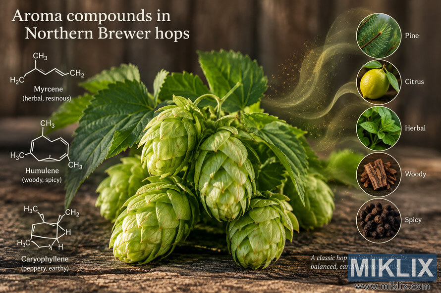 Landscape infographic showing fresh green Northern Brewer hop cones on rustic wood, with molecular diagrams for myrcene, humulene, and caryophyllene and circular visual callouts representing pine, citrus, herbal, woody, and spicy aroma notes.