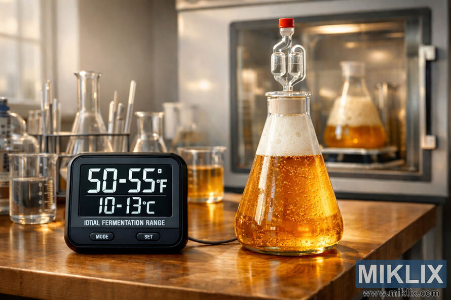 Laboratory scene with digital thermometer reading 50â55°F (10â13°C) beside a fermenting flask of golden beer fitted with an S-shaped airlock. Laboratory scene with digital thermometer reading 50â55°F (10â13°C) beside a fermenting flask of golden beer fitted with an S-shaped airlock.
