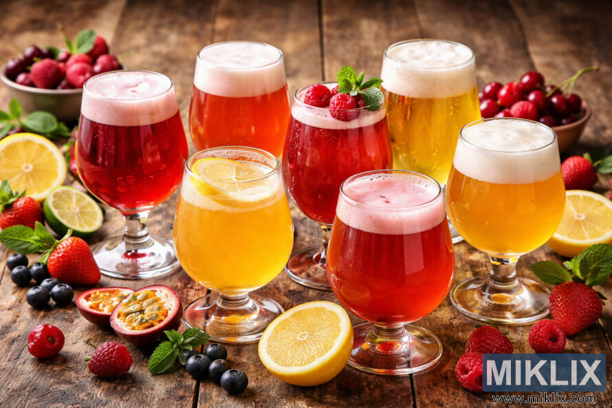 Assortiment de bières acidulées servies dans des verres à pied aux teintes rouges et dorées éclatantes, entourées de fruits frais sur une table rustique en bois. Assortiment de bières acidulées servies dans des verres à pied aux teintes rouges et dorées éclatantes, entourées de fruits frais sur une table rustique en bois.