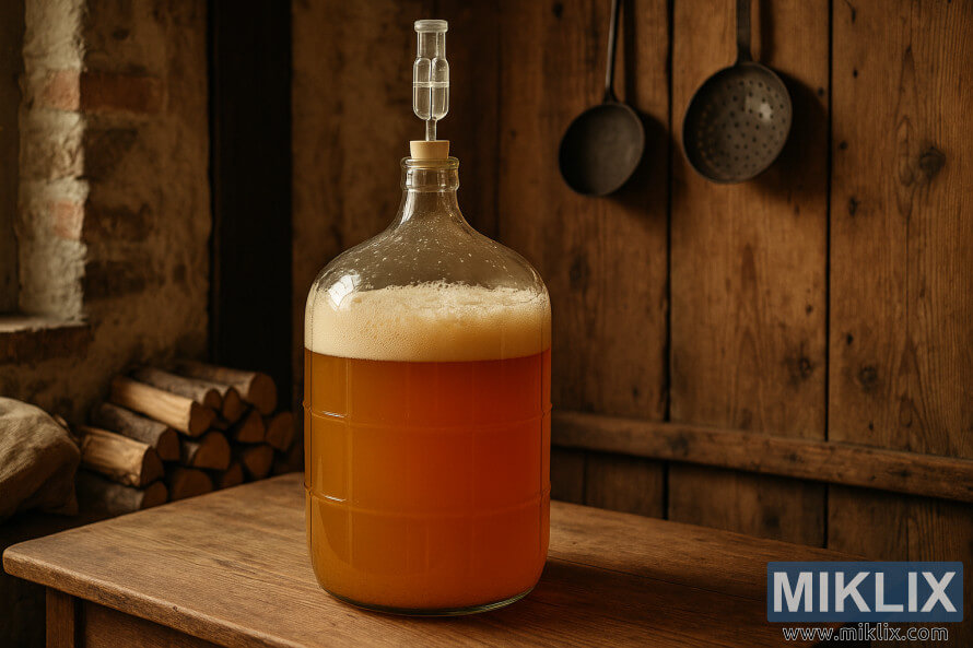 Carboy kaca fermentasi lager Jerman Kidul ing meja kayu ing kamar homebrewing Jerman Kidul. Carboy kaca fermentasi lager Jerman Kidul ing meja kayu ing kamar homebrewing Jerman Kidul.