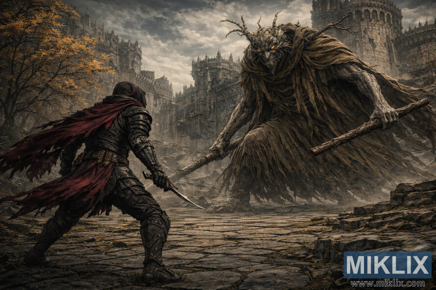 Dark fantasy scene of an armored warrior seen from behind confronting a towering horned monster in a vast ruined castle courtyard under storm clouds.