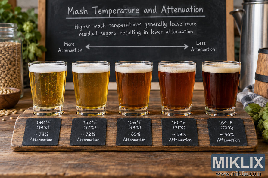 Five beer samples from gold to dark amber labeled with mash temperatures from 148Â°F to 164Â°F and attenuation from about 78% to 50%.