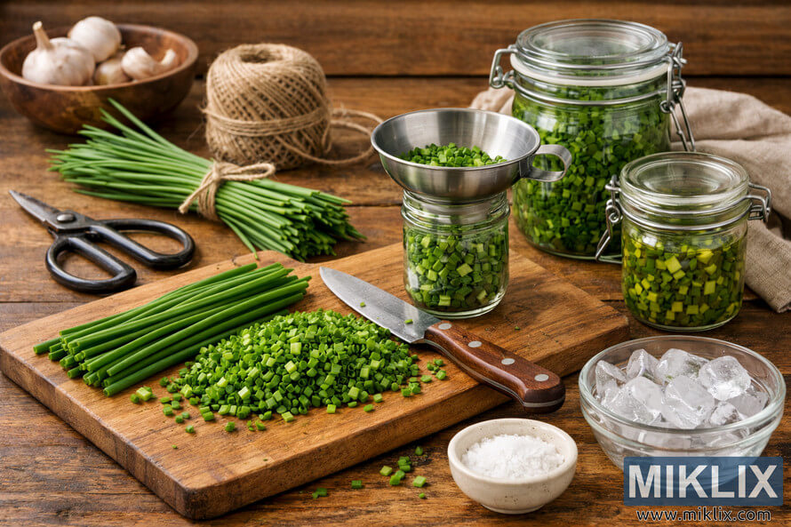 A rustic kitchen scene showing fresh chives being chopped and preserved in glass jars on a wooden countertop. A rustic kitchen scene showing fresh chives being chopped and preserved in glass jars on a wooden countertop.