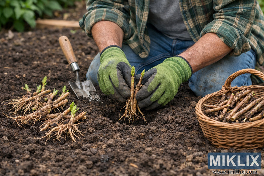 Gardener wearing green gloves planting licorice root divisions in freshly prepared dark garden soil beside a basket of cuttings Gardener wearing green gloves planting licorice root divisions in freshly prepared dark garden soil beside a basket of cuttings