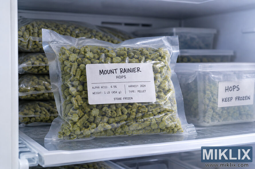 Vacuum-sealed Mount Rainier hop pellets stored in a clean freezer, with a labeled bag in front and additional frozen hop packages and containers organized behind it. Vacuum-sealed Mount Rainier hop pellets stored in a clean freezer, with a labeled bag in front and additional frozen hop packages and containers organized behind it.