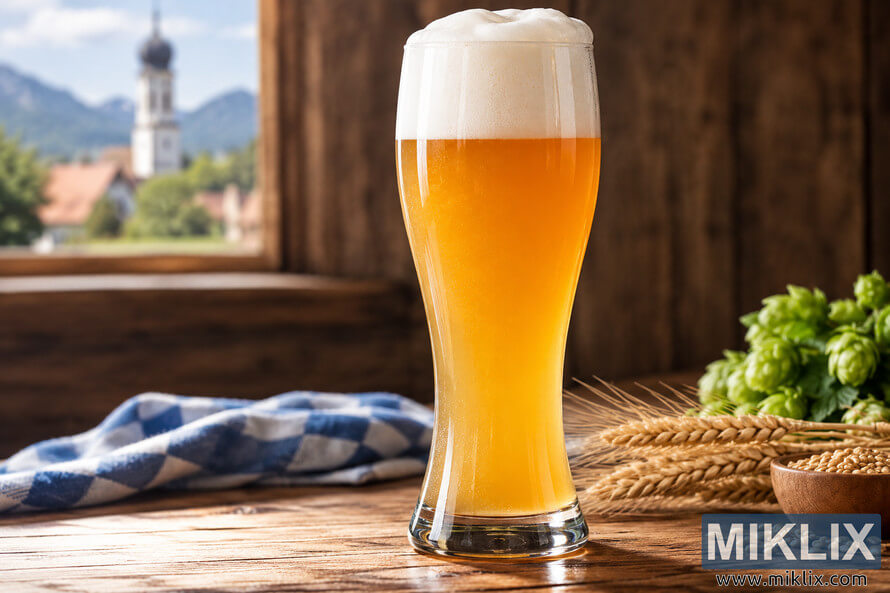 Tall unbranded weizen glass filled with hazy golden hefeweizen and a thick white foam head on a rustic wooden table, surrounded by wheat, grains, green hops, and a blue-and-white checkered cloth, with a softly blurred Bavarian-style village and mountains in the background. Tall unbranded weizen glass filled with hazy golden hefeweizen and a thick white foam head on a rustic wooden table, surrounded by wheat, grains, green hops, and a blue-and-white checkered cloth, with a softly blurred Bavarian-style village and mountains in the background.
