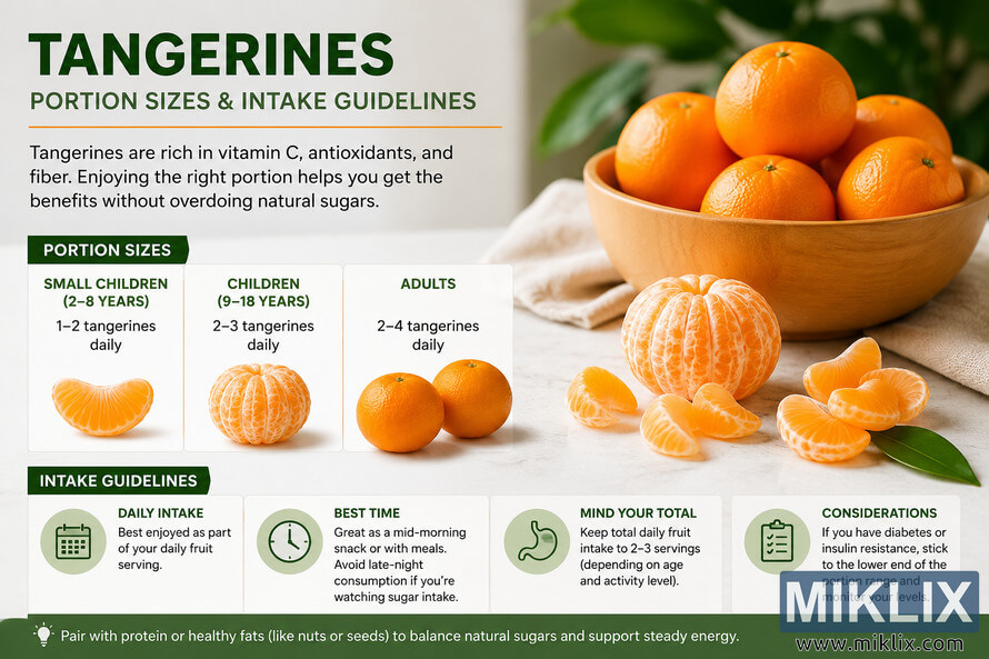 Landscape nutrition infographic showing recommended tangerine portion sizes for children, teenagers, and adults alongside intake guidelines. The layout combines educational panels with realistic photographs of whole and peeled tangerines in a wooden bowl on a light tabletop, using a clean green-and-orange color palette with no visible brands or commercial products. Landscape nutrition infographic showing recommended tangerine portion sizes for children, teenagers, and adults alongside intake guidelines. The layout combines educational panels with realistic photographs of whole and peeled tangerines in a wooden bowl on a light tabletop, using a clean green-and-orange color palette with no visible brands or commercial products.