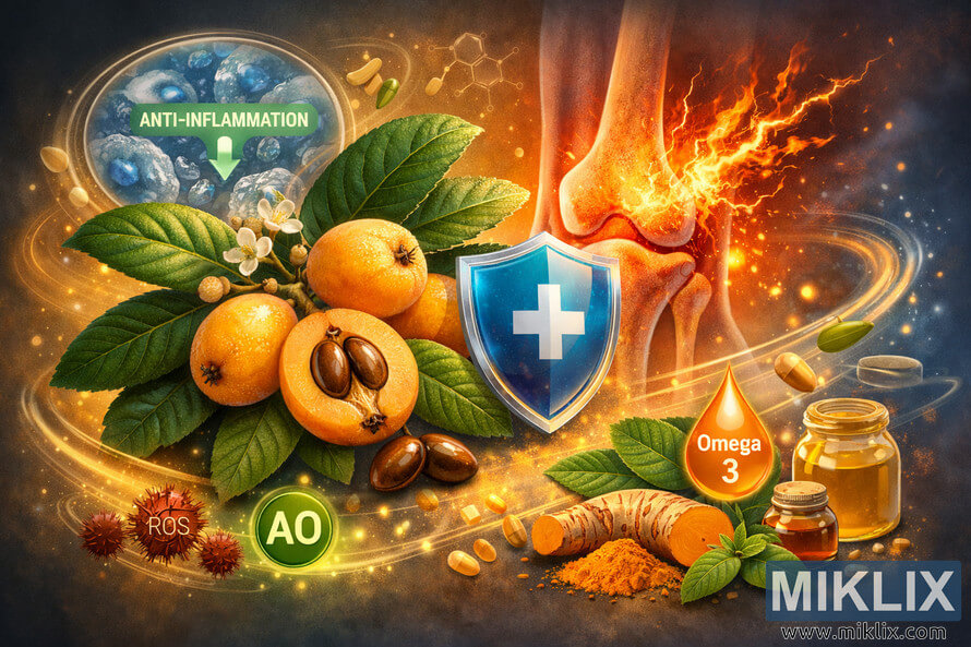 Digital concept illustration showing ripe loquats on a branch alongside an inflamed joint protected by a blue shield, omega-3 droplet, turmeric root, loquat extract, antioxidant symbols, and reactive oxygen species being neutralized, all set against a warm golden and cool blue scientific background.