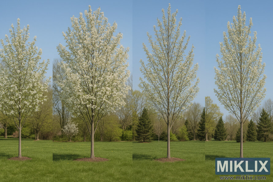 Quatre arbres de gerds de diferents varietats en plena floraciÃ³, exposats un al costat de l'altre en un parc cobert d'herba sota un cel blau clar.