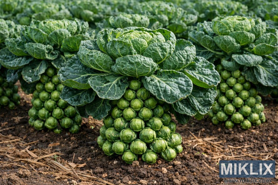 HoÃ«resolusiefoto van Jade Cross Brusselse spruitplante wat kompakte groei, digte groen spruite langs stewige stingels en tekstuurblare in 'n bewerkte land toon.