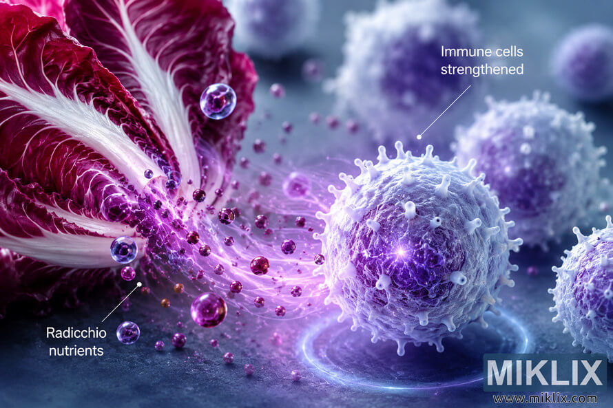 Landscape biomedical illustration showing fresh purple radicchio on the left with glowing nutrient particles labeled fiber, polyphenols, vitamins, and antioxidants flowing toward a large illuminated immune cell surrounded by additional microscopic cells, symbolizing nutritional support for stronger immune function. Landscape biomedical illustration showing fresh purple radicchio on the left with glowing nutrient particles labeled fiber, polyphenols, vitamins, and antioxidants flowing toward a large illuminated immune cell surrounded by additional microscopic cells, symbolizing nutritional support for stronger immune function.