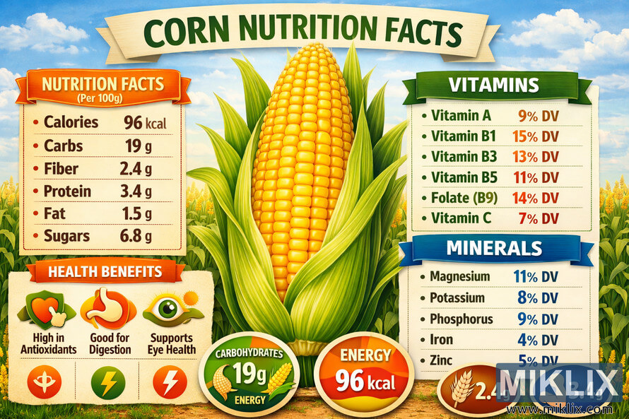 Colorful landscape infographic titled Corn Nutrition Facts showing an ear of corn in the center surrounded by detailed nutrition information, vitamins, minerals, health benefits, and circular charts for carbohydrates, energy, fiber, and protein against a sky and cornfield background. Colorful landscape infographic titled Corn Nutrition Facts showing an ear of corn in the center surrounded by detailed nutrition information, vitamins, minerals, health benefits, and circular charts for carbohydrates, energy, fiber, and protein against a sky and cornfield background.