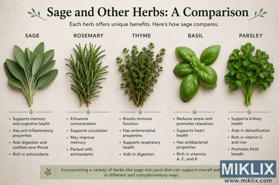 Landscape infographic comparing sage with rosemary, thyme, basil, and parsley. Each herb is shown with realistic botanical imagery and bullet-point wellness benefits on a soft neutral background. Landscape infographic comparing sage with rosemary, thyme, basil, and parsley. Each herb is shown with realistic botanical imagery and bullet-point wellness benefits on a soft neutral background.