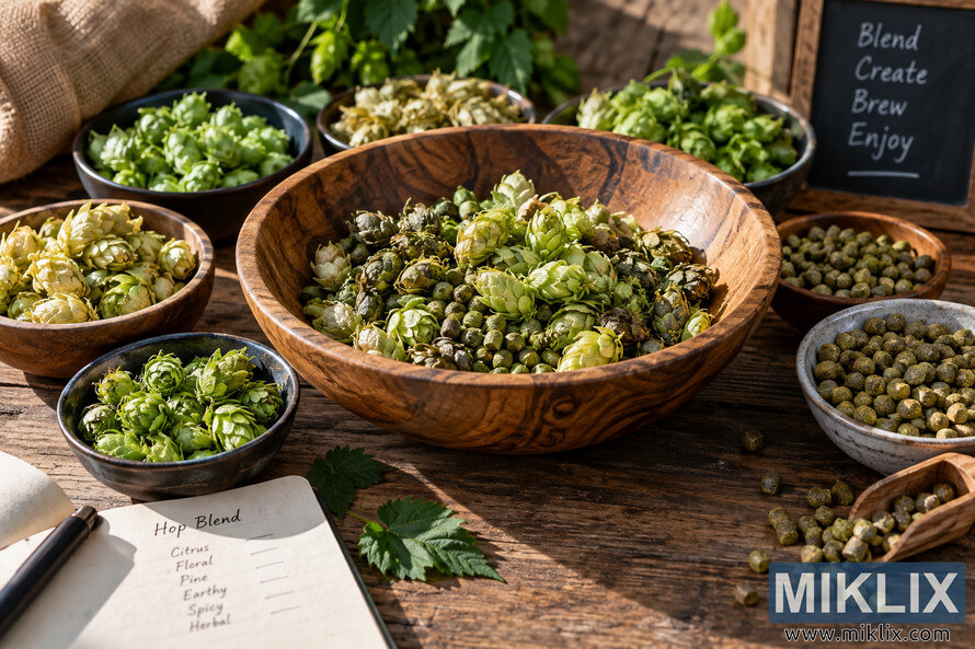 Rustic brewing table with multiple varieties of green hop cones and hop pellets arranged in wooden and ceramic bowls around a central blending bowl, with a hop blend notebook, fresh leaves, wooden scoop, and chalkboard in the background. Rustic brewing table with multiple varieties of green hop cones and hop pellets arranged in wooden and ceramic bowls around a central blending bowl, with a hop blend notebook, fresh leaves, wooden scoop, and chalkboard in the background.