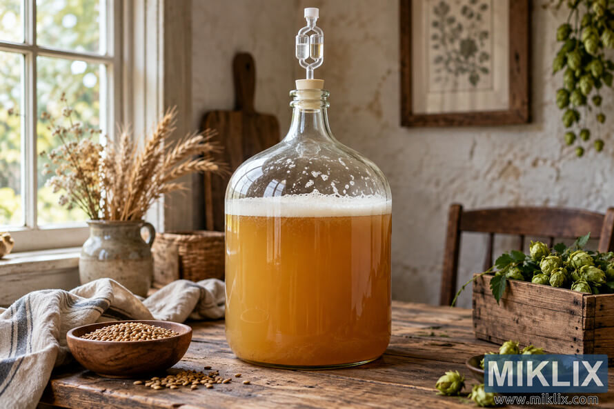 Glass carboy filled with cloudy golden fermenting liquid on a rustic wooden table, surrounded by grain, green hops, dried wheat, and brewing details. Glass carboy filled with cloudy golden fermenting liquid on a rustic wooden table, surrounded by grain, green hops, dried wheat, and brewing details.