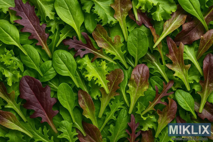 Colorful mesclun mix with assorted lettuce leaves in green and red hues