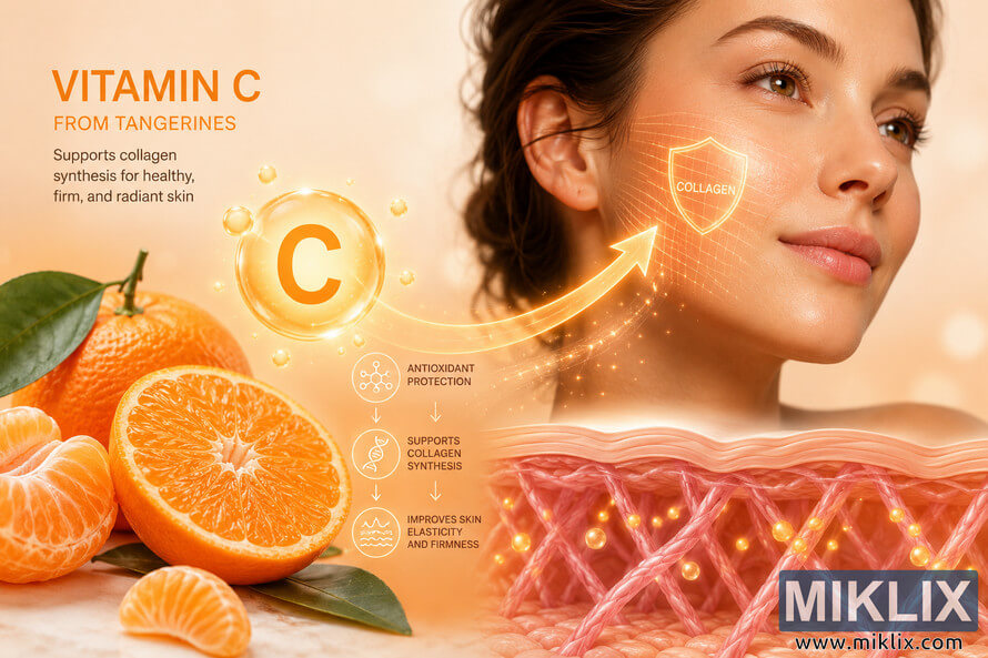 Landscape concept art illustrating vitamin C derived from tangerines supporting collagen synthesis. Fresh whole and sliced tangerines appear on the left beside a glowing vitamin C symbol. Landscape concept art illustrating vitamin C derived from tangerines supporting collagen synthesis. Fresh whole and sliced tangerines appear on the left beside a glowing vitamin C symbol.