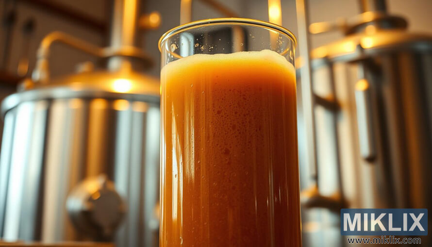 Prim-plan al unui pahar de sticlÄ cu lichid maroniu spumos care fermenteazÄ Ã®n luminÄ aurie caldÄ. Prim-plan al unui pahar de sticlÄ cu lichid maroniu spumos care fermenteazÄ Ã®n luminÄ aurie caldÄ.