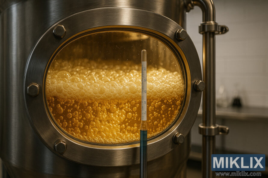 Ufungaji wa bia inayobubujika katika tangi la chuma cha pua yenye hidromita.