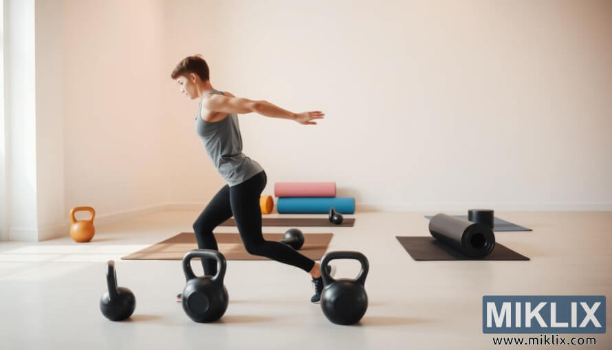 Seseorang melakukan latihan mobilitas kettlebell dinamis di studio terang dengan alat peraga.