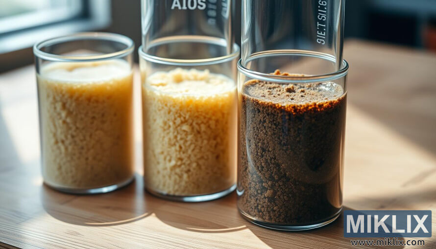 KatÃ«r gota qelqi me lloje tÃ« ndryshme majaje birre mbi njÃ« tavolinÃ« druri nÃ«n dritÃ« tÃ« butÃ«.