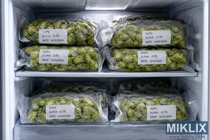 Organized freezer containing vacuum-sealed packages of green hop cones with generic labels showing alpha acid percentages and storage dates. Organized freezer containing vacuum-sealed packages of green hop cones with generic labels showing alpha acid percentages and storage dates.