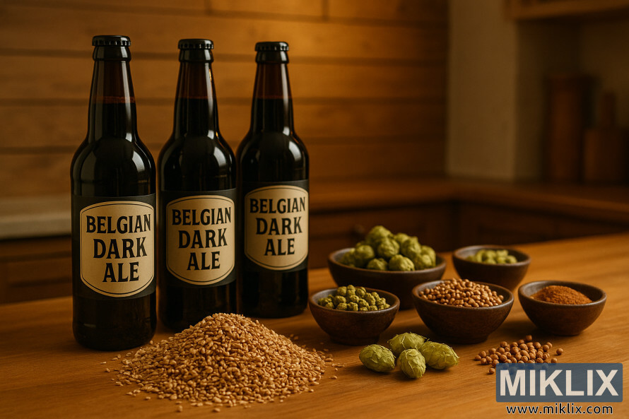 Three Belgian Dark Ale bottles with grains, hops, and spices on a wooden kitchen counter under warm golden light.