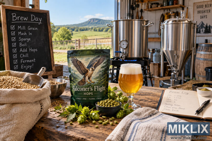 Landscape view of a rustic home brew day setup with malted grain, green hop cones and pellets, a falcon-themed hop bag, golden beer, brew log, stainless-steel kettle and conical fermenter in a sunlit countryside workshop. Landscape view of a rustic home brew day setup with malted grain, green hop cones and pellets, a falcon-themed hop bag, golden beer, brew log, stainless-steel kettle and conical fermenter in a sunlit countryside workshop.