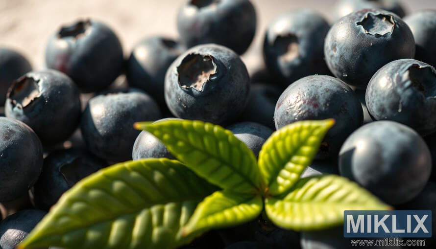 Posnetek zrelih borovnic z rosnimi lupinami od blizu v topli naravni svetlobi na mehkem zamegljenem ozadju.