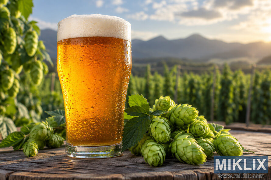 Cold golden IPA with a creamy foam head and condensation on the glass, surrounded by fresh green hop cones on a rustic wooden table, with a hop field, mountains, and warm sunset in the background.