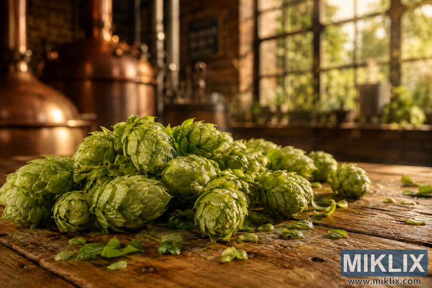Fresh green Golding (BC) hops with water droplets on a rustic wooden table in a warmly lit artisanal brewery. Fresh green Golding (BC) hops with water droplets on a rustic wooden table in a warmly lit artisanal brewery.