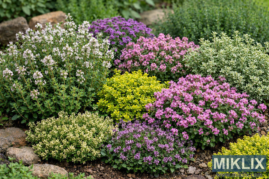 Landscape photo of a sunlit garden bed filled with diverse thyme varieties, including common thyme with small green leaves and white-pink flowers, bright yellow-green lemon thyme in compact mounds, pink-flowered creeping thyme forming low, spreading mats, variegated silver thyme with green leaves edged in creamy white, golden creeping thyme with tiny golden-yellow leaves, and purple-flowered thyme in rich clusters. Natural stones border the bed, and blurred green foliage appears in the background, with soil and small pebbles visible between the plants. Landscape photo of a sunlit garden bed filled with diverse thyme varieties, including common thyme with small green leaves and white-pink flowers, bright yellow-green lemon thyme in compact mounds, pink-flowered creeping thyme forming low, spreading mats, variegated silver thyme with green leaves edged in creamy white, golden creeping thyme with tiny golden-yellow leaves, and purple-flowered thyme in rich clusters. Natural stones border the bed, and blurred green foliage appears in the background, with soil and small pebbles visible between the plants.