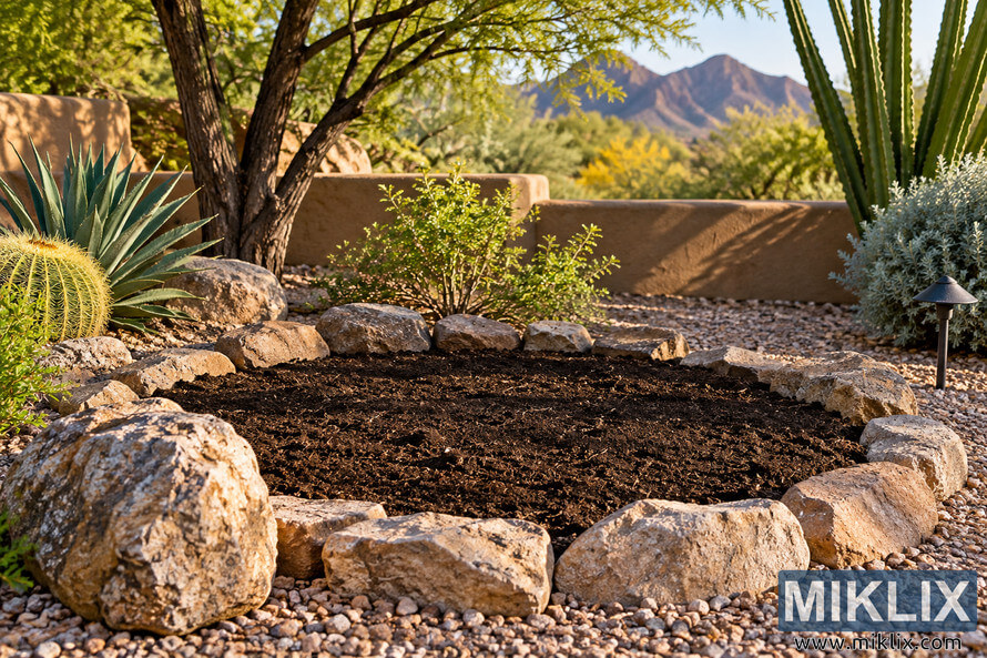 Prepared desert garden bed with dark soil, natural stone edging, agave, barrel cactus, columnar cactus, shrubs, and distant mountains. Prepared desert garden bed with dark soil, natural stone edging, agave, barrel cactus, columnar cactus, shrubs, and distant mountains.
