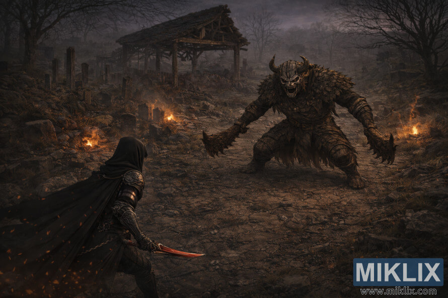 Arte isomÃ©trica de fantasia sombria feita por um fÃ£, mostrando o Maculado e um imponente Matador de PressÃ¡gios frente a frente na Vila dos AlbinaÃºricos em ruÃ­nas.