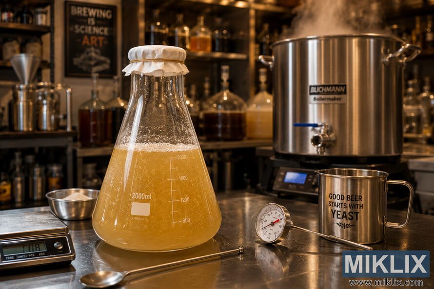 Close-up of a bubbling yeast starter flask on a stainless steel brewing counter surrounded by brewing tools, with a steaming kettle and fermentation equipment in the background. Close-up of a bubbling yeast starter flask on a stainless steel brewing counter surrounded by brewing tools, with a steaming kettle and fermentation equipment in the background.