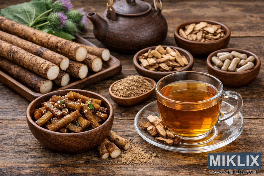 Landscape photo of various burdock root preparations on a rustic wooden table, including a glass cup of golden burdock tea on a saucer, a bowl of sautéed burdock root garnished with sesame seeds and green onions, fresh burdock roots on a wooden tray, dried burdock slices, ground burdock powder in a wooden spoon, and small wooden bowls containing burdock capsules and dried root pieces, with burdock leaves and purple flowers in the background. Landscape photo of various burdock root preparations on a rustic wooden table, including a glass cup of golden burdock tea on a saucer, a bowl of sautéed burdock root garnished with sesame seeds and green onions, fresh burdock roots on a wooden tray, dried burdock slices, ground burdock powder in a wooden spoon, and small wooden bowls containing burdock capsules and dried root pieces, with burdock leaves and purple flowers in the background.
