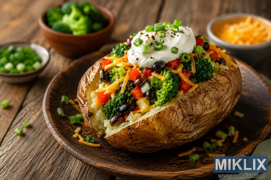 A loaded baked potato topped with broccoli, black beans, diced red bell pepper, shredded cheese, sour cream, and sliced green onions, served on a rustic wooden plate atop a weathered wooden table with softly blurred ingredient bowls in the background. A loaded baked potato topped with broccoli, black beans, diced red bell pepper, shredded cheese, sour cream, and sliced green onions, served on a rustic wooden plate atop a weathered wooden table with softly blurred ingredient bowls in the background.
