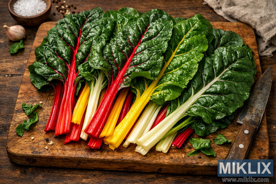 Fresh rainbow Swiss chard leaves with vibrant red, yellow, and white stems arranged on a rustic wooden cutting board beside a knife and seasoning.