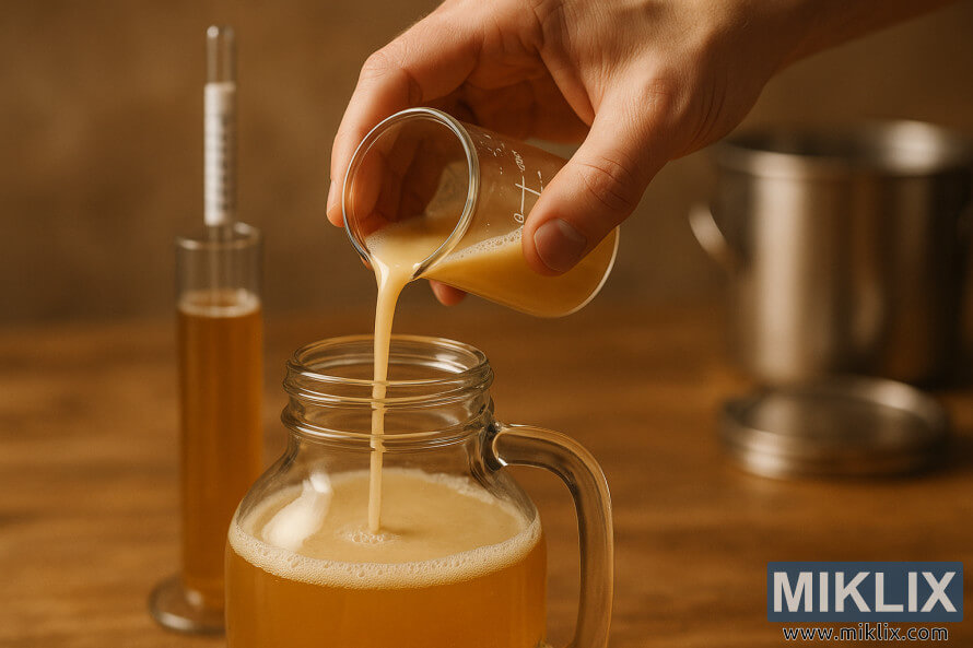 Brewer pours golden Munich lager yeast from a beaker into a sanitized glass jar. Brewer pours golden Munich lager yeast from a beaker into a sanitized glass jar.