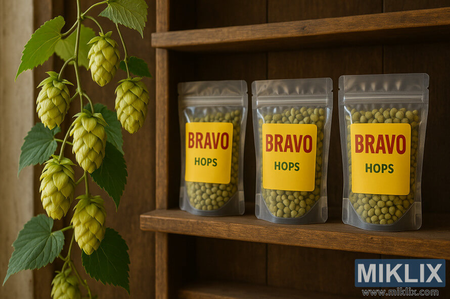 Vars Bravo-hopbolle aan 'n rank langs gemerkte sakkies hoppellets op houtrakke.