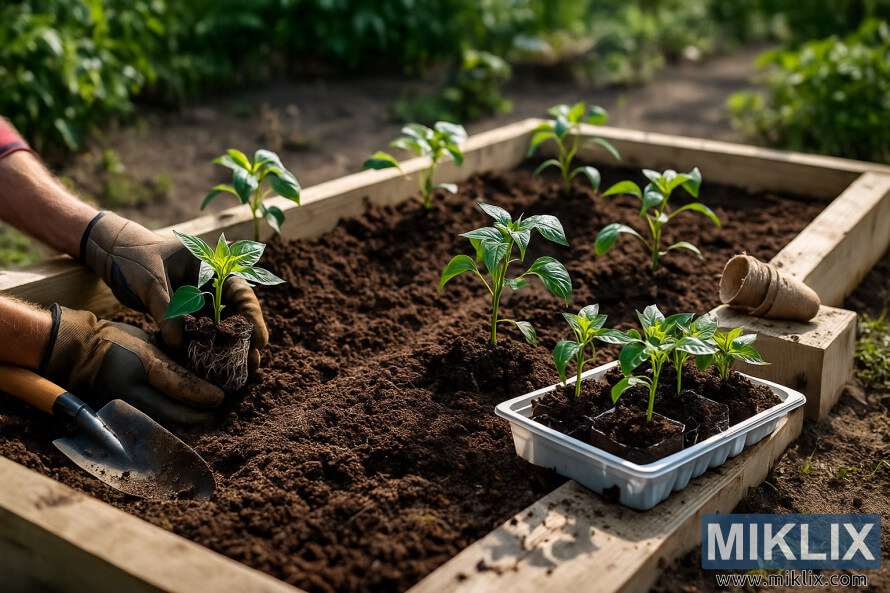 Gardener placing bell pepper seedlings into a raised wooden garden bed with tools and a tray of plants nearby.