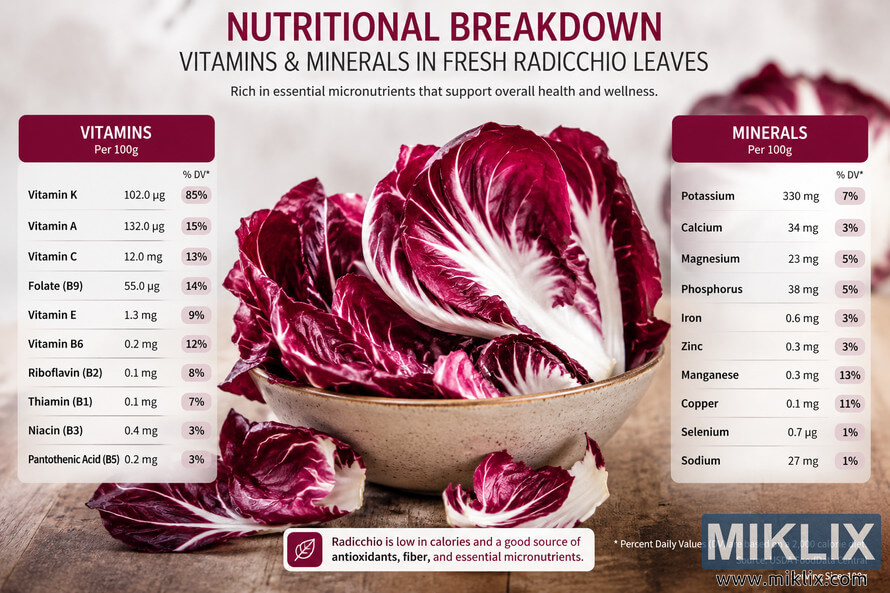 Landscape infographic showing fresh radicchio leaves in a ceramic bowl with side panels listing vitamins and minerals per 100 grams, accompanied by educational nutrition text and a rustic food photography background. Landscape infographic showing fresh radicchio leaves in a ceramic bowl with side panels listing vitamins and minerals per 100 grams, accompanied by educational nutrition text and a rustic food photography background.