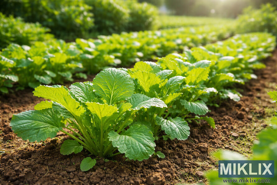 Low-angle landscape photo of healthy young mustard plants growing in neat rows in a sunlit vegetable garden with dark, crumbly soil and a softly blurred green background.