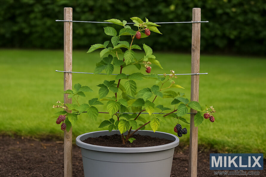 MÃ»rier cultivÃ© en pot avec un treillis en bois et des baies mÃ»res