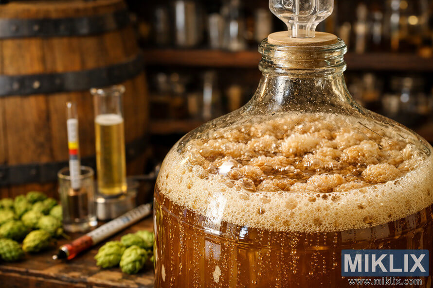 Close-up of a glass carboy filled with bubbling, fermenting beer, with frothy yeast on the surface, condensation on the glass, a plastic airlock and rubber stopper on top, a wooden fermentation barrel and brewing tools including a hydrometer, test tube, and thermometer on a rustic wooden table, and fresh green hop cones scattered around, all set against softly blurred shelves of brewing equipment in warm, golden light. Close-up of a glass carboy filled with bubbling, fermenting beer, with frothy yeast on the surface, condensation on the glass, a plastic airlock and rubber stopper on top, a wooden fermentation barrel and brewing tools including a hydrometer, test tube, and thermometer on a rustic wooden table, and fresh green hop cones scattered around, all set against softly blurred shelves of brewing equipment in warm, golden light.