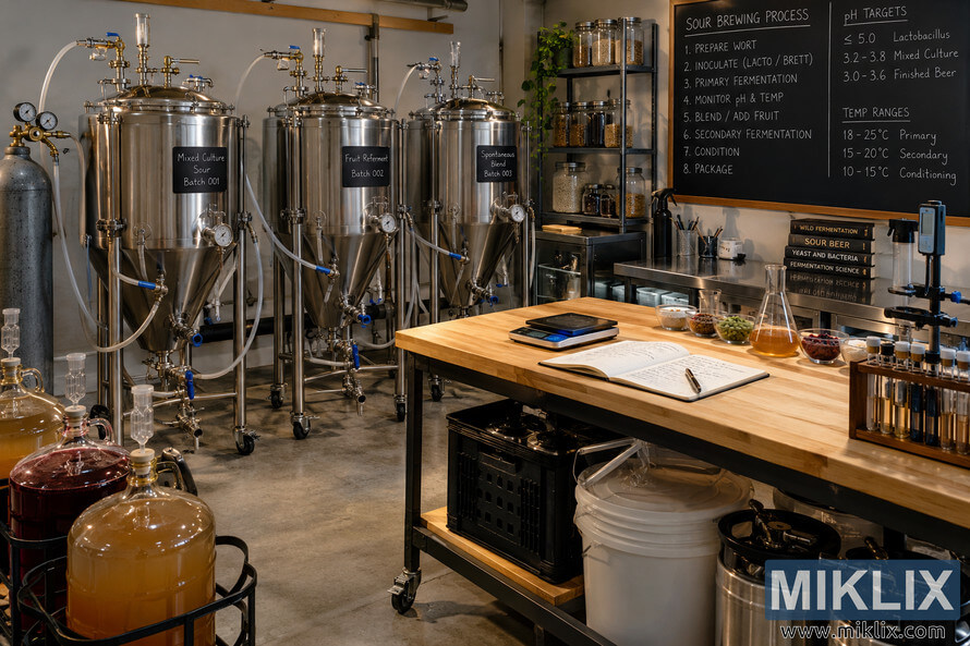 Advanced sour beer homebrewing workspace with stainless-steel fermenters, glass carboys, brewing ingredients, testing equipment, and a fermentation process chalkboard.