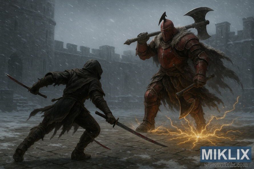 Cena realista de fantasia sombria de um guerreiro encapuzado com duas katanas a lutar contra o Comandante Niall de armadura vermelha, empunhando um machado num pÃ¡tio nevado de um castelo.