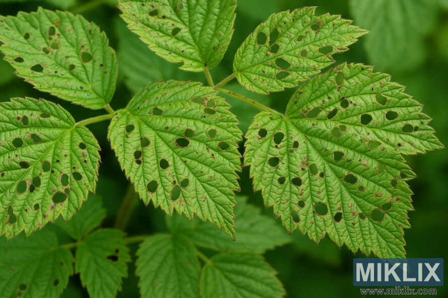 Gedetailleerde nabyskoot van framboosblare wat gate en verbruining van plaagskade toon.